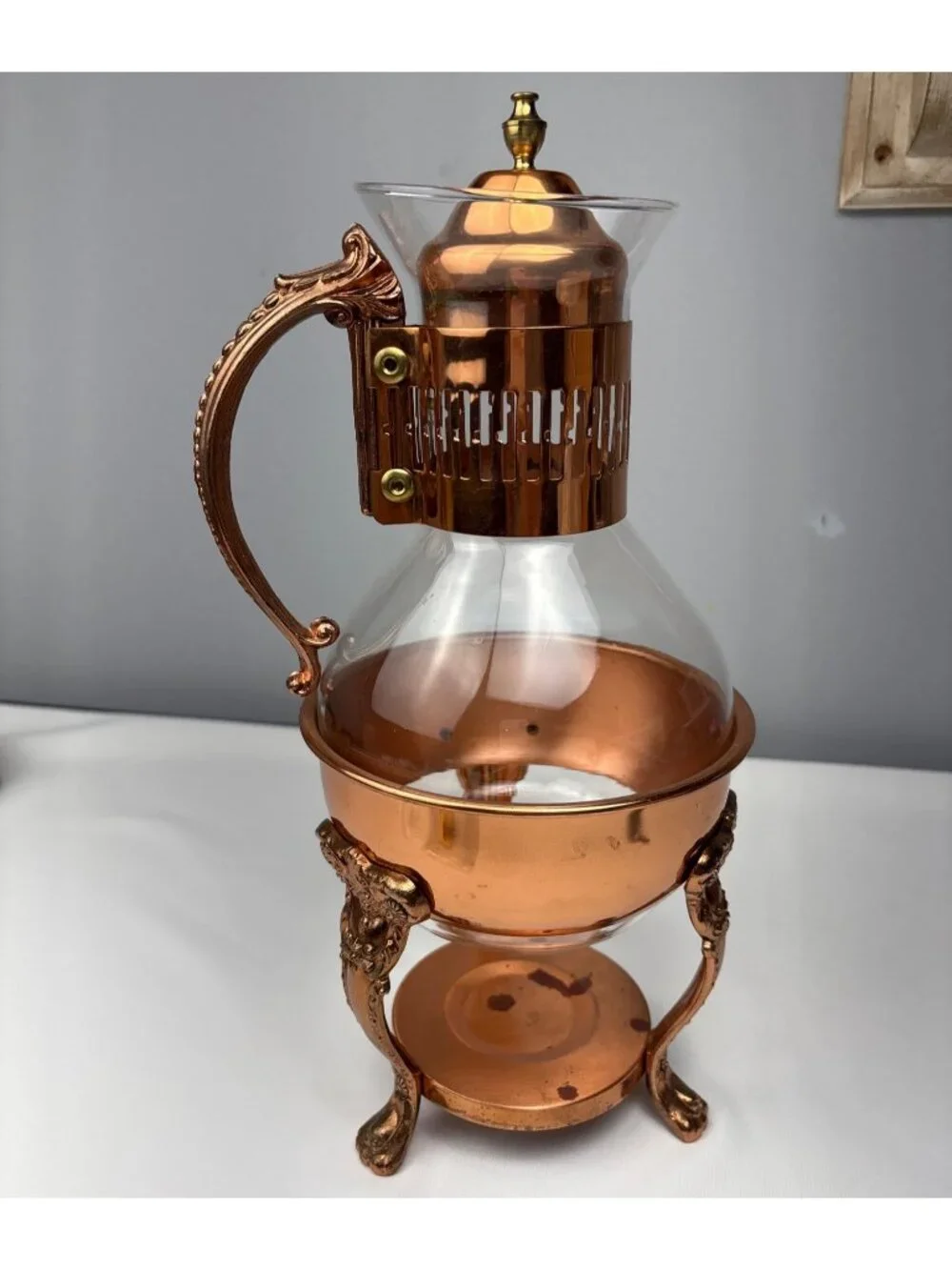 Princess House Copper Brass Coffee/Tea Carafe Lid Ornate Stand Vintage